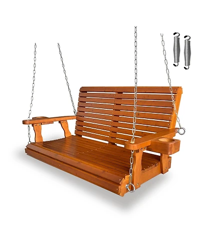Wooden Porch Swing 2-Seater, Bench with Cupholders, Hanging Chains and 7mm Springs, Heavy Duty 800 Lbs, for Outdoor Patio Garden Yard, 4 ft