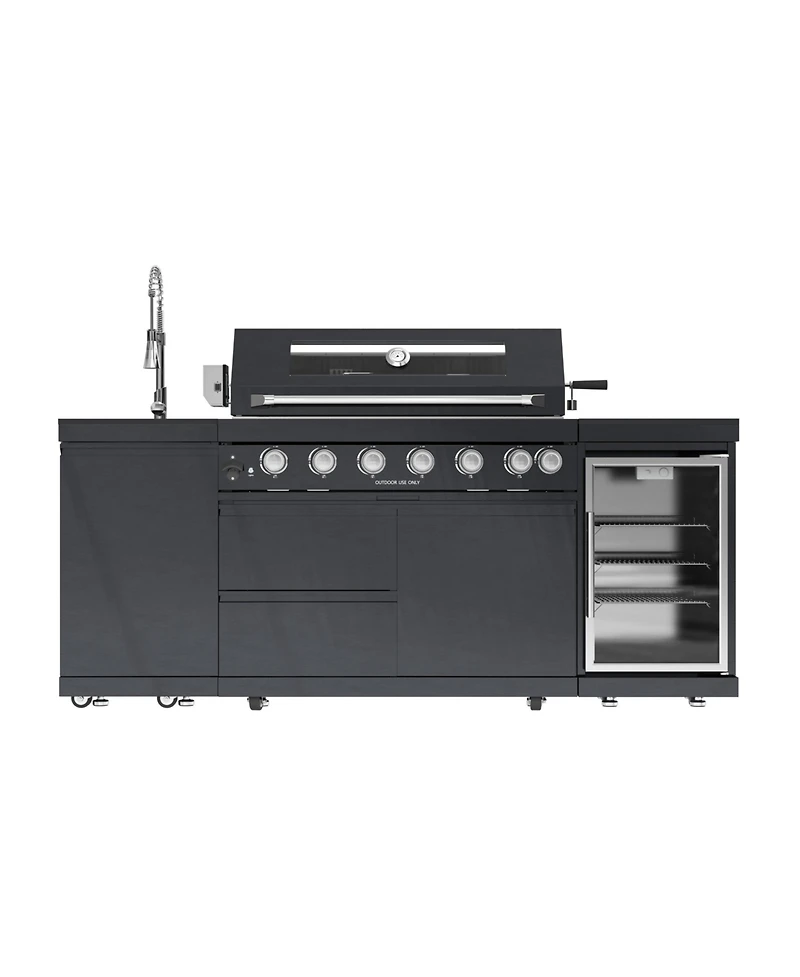 Mondawe 6-Burner Outdoor Kitchen Island Grill Set with Refrigerator, Sink & Granite Tops