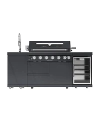 Mondawe 6-Burner Outdoor Kitchen Island Grill Set with Refrigerator, Sink & Granite Tops
