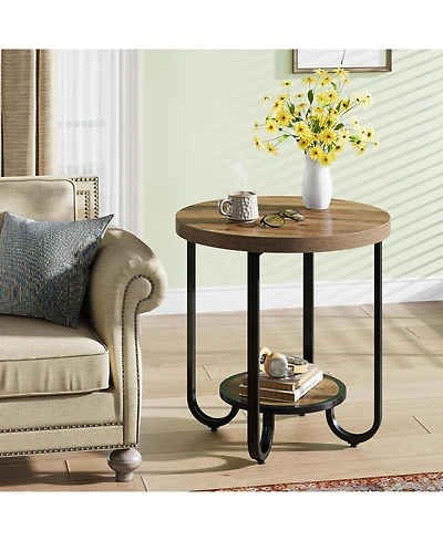 Tribesigns Round End Table with 2-Tier Storage Shelf, Industrial Side Table with Curved Metal Legs