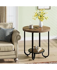 Tribesigns Round End Table with 2-Tier Storage Shelf, Industrial Side Table with Curved Metal Legs