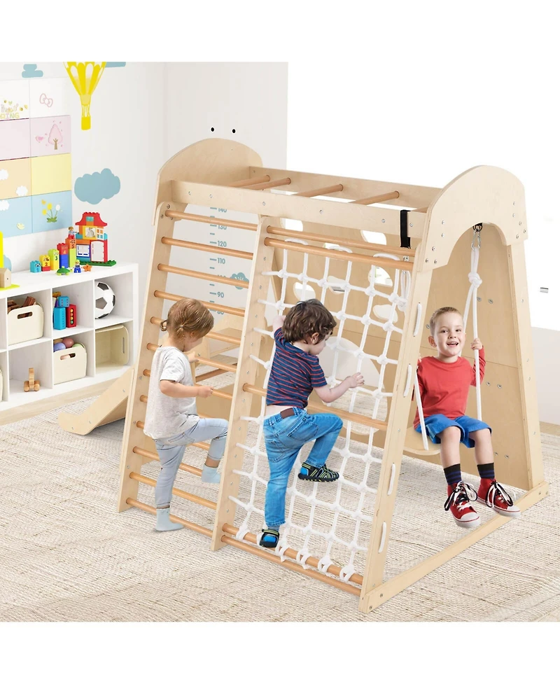8-in-1 Indoor Jungle Gym Wooden Playground with Climbing Wall, Net, Ladder