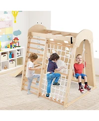 8-in-1 Indoor Jungle Gym Wooden Playground with Climbing Wall, Net, Ladder