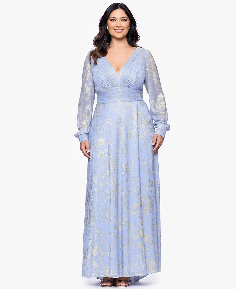 Betsy & Adam Plus V-Neck Foil Mesh A-Line Dress