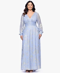 Betsy & Adam Plus V-Neck Foil Mesh A-Line Dress