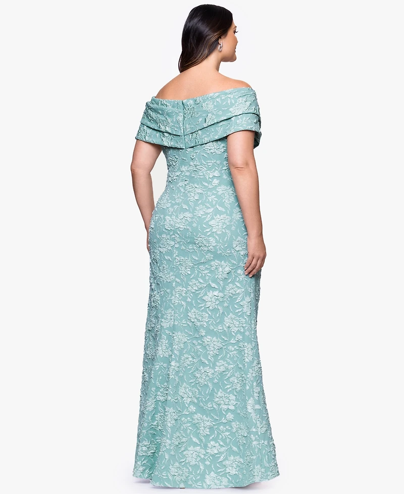 Betsy & Adam Plus Off-The-Shoulder Sleeveless Long Sheath Dress