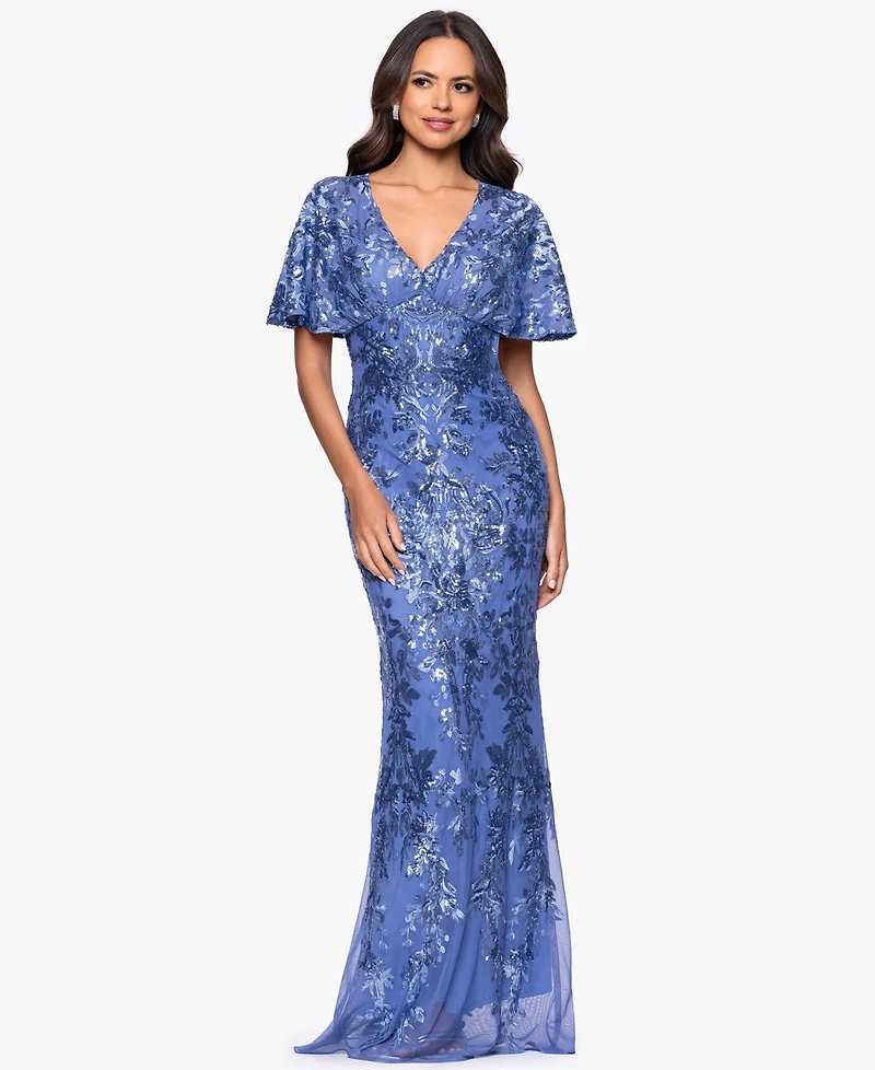 Betsy & Adam Petite Sequin Detail V-Neck Long Sheath Dress