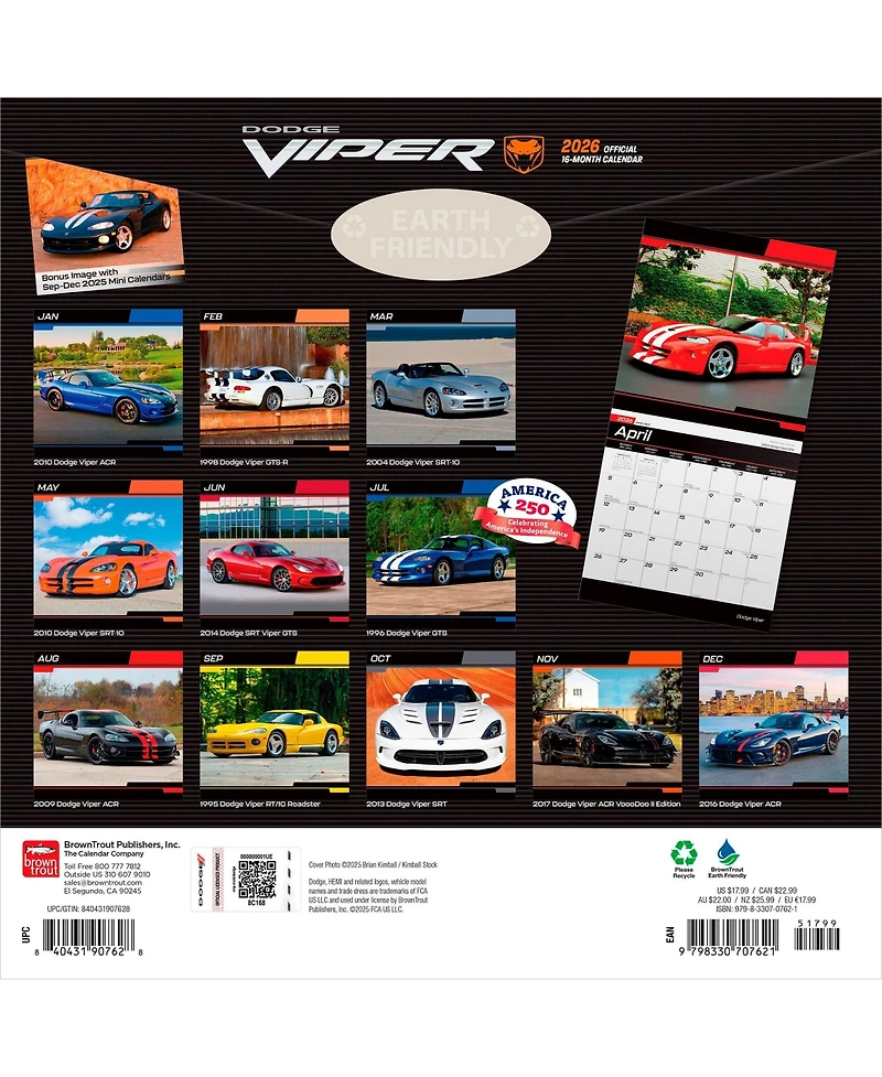 BrownTrout Dodge Viper Official | 2026 12 x 24 Inch (Hanging) Monthly Square Wall Calendar | Plastic-Free