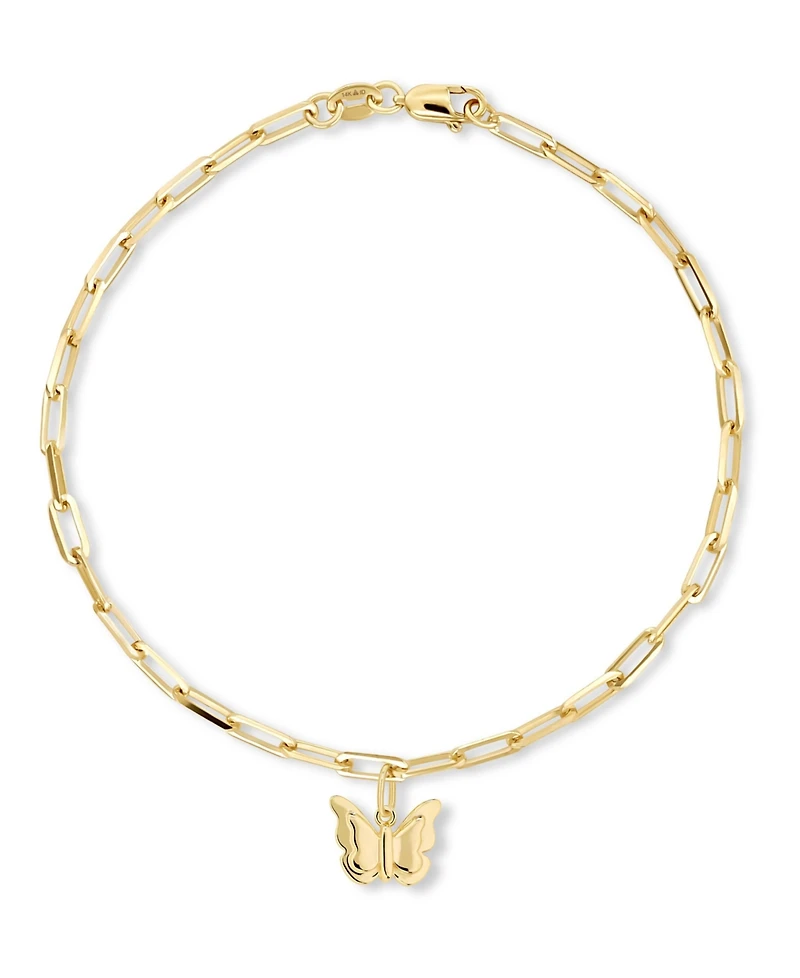 Devata Butterfly Charm with Paperclip Chain Bracelet in 14K Gold, 7 in, approx. 3.0 grams.