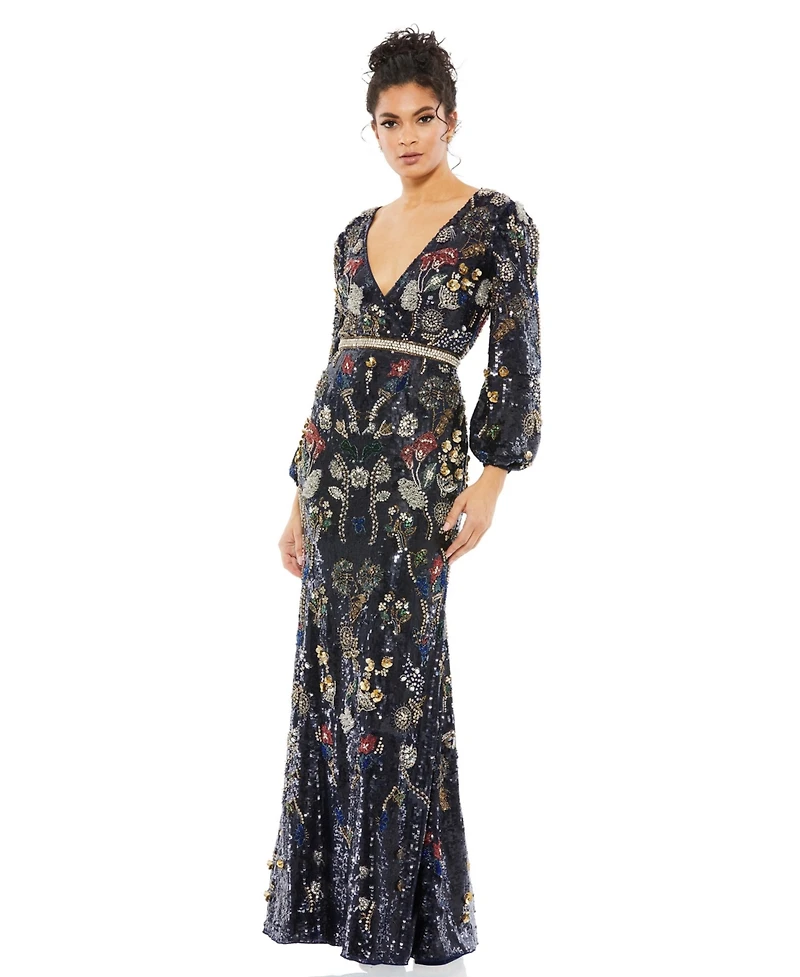 Mac Duggal Women's Embellished Wrap Over Bishop Sleeve Gown