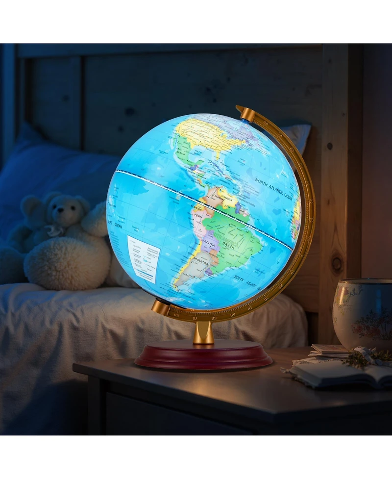 Hongge 8 Inch Led Illuminated World Globe With Wooden Base And Usb Power Cord