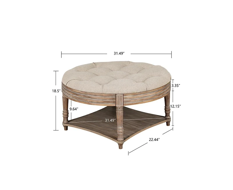 sumyeg Farmhouse Round Ottoman Coffee Table with 2-Tier Storage and Waterproof Linen