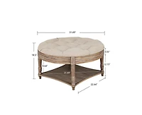 sumyeg Farmhouse Round Ottoman Coffee Table with 2-Tier Storage and Waterproof Linen