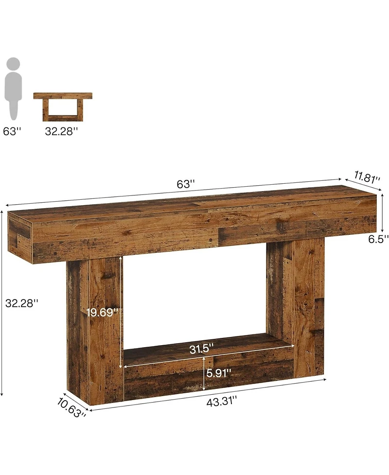 Tribesigns 63" Console Table, Farmhouse 2-Tier Entryway Table with U-Shaped Base, Mix Brown