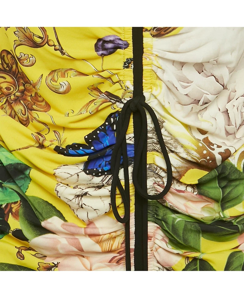 Pre-Owned Roberto Cavalli Women's Yellow Floral Print Jersey Ruched Detail Short Dress