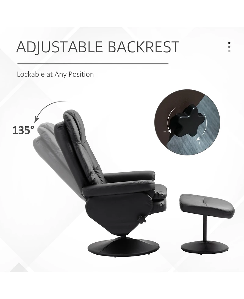 Homcom Recliner and Ottoman with Wrapped Base, Swivel Pu Leather Reclining Chair with Footrest for Living Room, Bedroom and Office