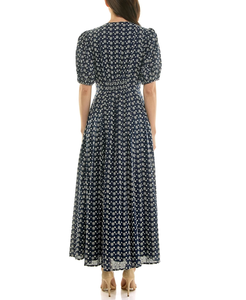 Taylor Women's Puff-Sleeve Eyelet Button-Front Dress