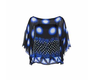 Pre-Owned Roberto Cavalli Women's Blue & Black Printed Silk Sheer Blouse