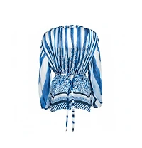 Pre-Owned Roberto Cavalli Women's Blue And White Deco Print Silk Tie Up Blouse