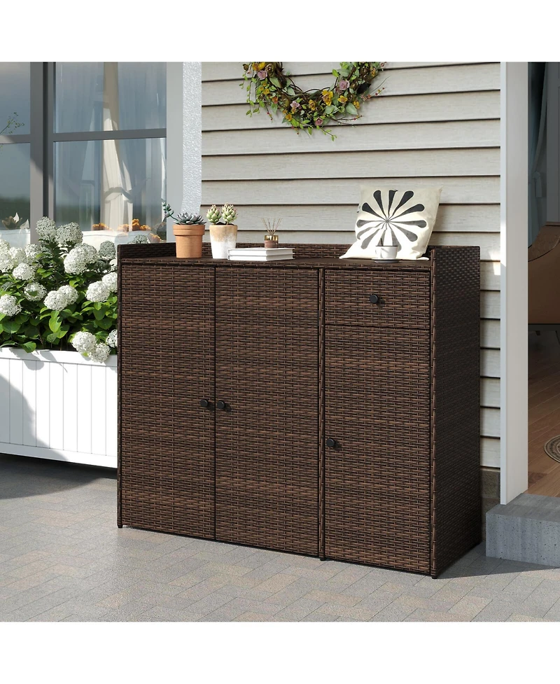 Costway Outdoor Pe Wicker Storage Cabinet with 3 Doors Adjustable Shelves and Drawer