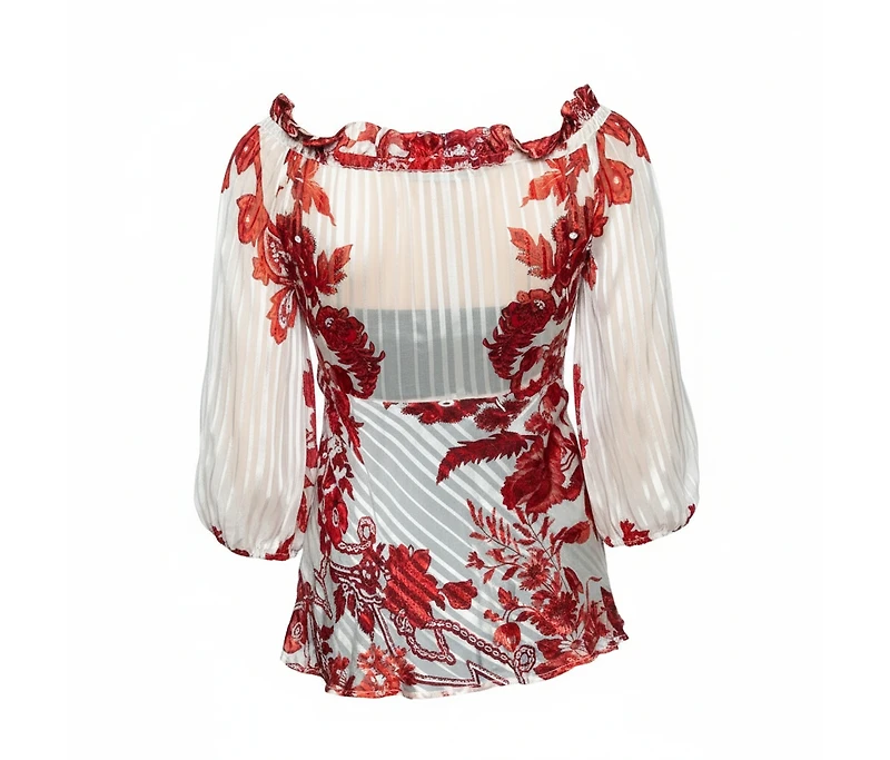 Pre-Owned Roberto Cavalli Women's Ivory & Red Printed Silk Neck Tie Detail Blouse