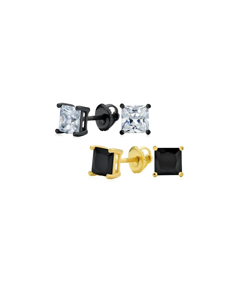Bling Jewelry Set of 2 Square Cz Stud Earrings Silver Black Plated Secure Screw Back