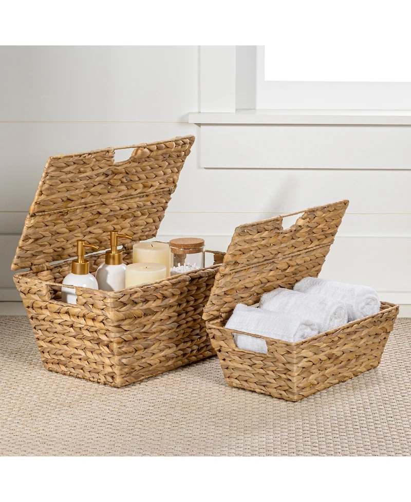 Happimess Wilder Classic Farmhouse Woven Hyacinth Rectangular Storage Baskets with Lids and Handles (Set of 2