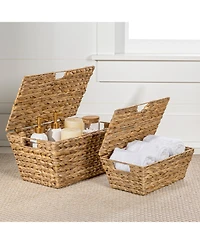 Happimess Wilder Classic Farmhouse Woven Hyacinth Rectangular Storage Baskets with Lids and Handles (Set of 2
