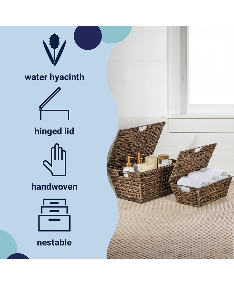 Happimess Wilder Classic Farmhouse Woven Hyacinth Rectangular Storage Baskets with Lids and Handles (Set of 2