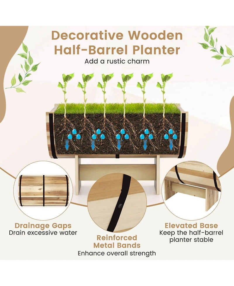 Costway Outdoor Wooden Planter Solid Acacia Wood Half-Barrel Planter Box with Legs