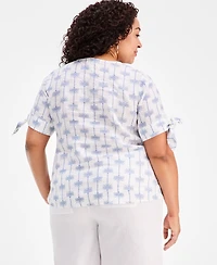 Charter Club Plus Woven Linen King Street Palm Tie-Sleeve Top, Macy's Exclusive