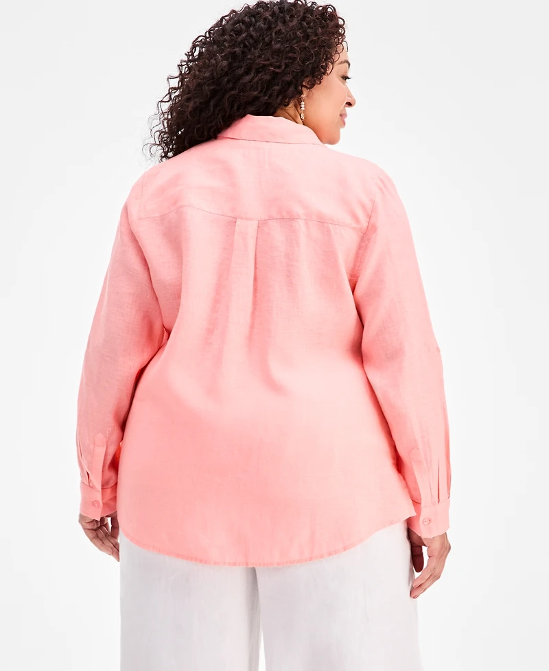 Charter Club Plus 100% Linen Roll-Tab Shirt, Exclusively at Macy's