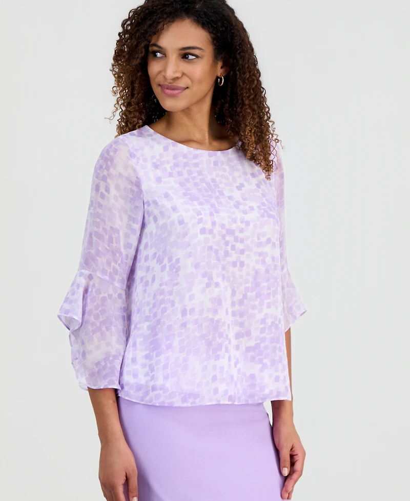 Kasper Women's Printed Ruffle-Sleeve Blouse, Regular & Petite