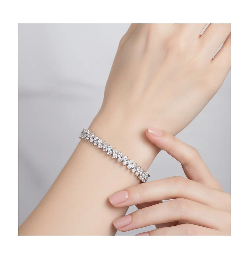 White Gold Plated With Cubic Zirconia 2-stone Cluster Link Tennis Bracelet