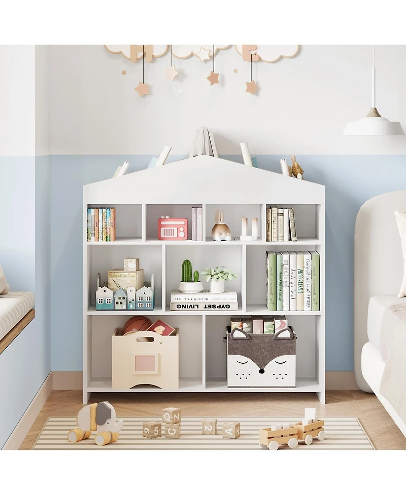 Gaomon Kids Bookshelf with 9 Storage Cubbies, Wooden Dollhouse Bookcase & Toy Organizer for Playroom or Bedroom