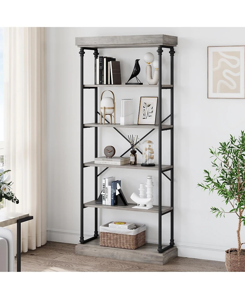 gaomon 6 Tier Bookshelf Industrial Bookcase Wood Tall Standing Bookshelves Wood Vintage Display Rack Rustic Bookshelf