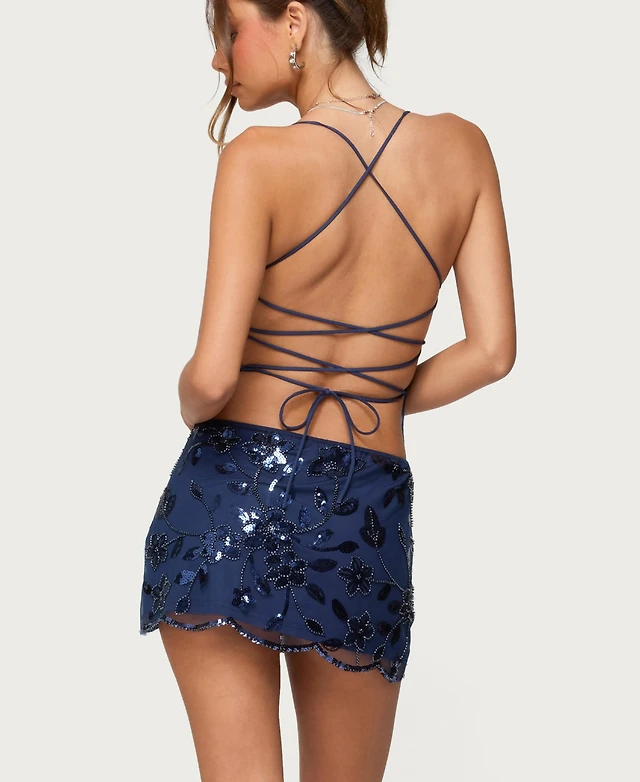 edikted ayv sequin floral backless mini dress Women's Beaded & at CoolSprings Galleria in Franklin, TN Halter neck tie closure