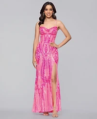 Blondie Nites Juniors' Sequin Pinch Lace-Up Back Long Dress