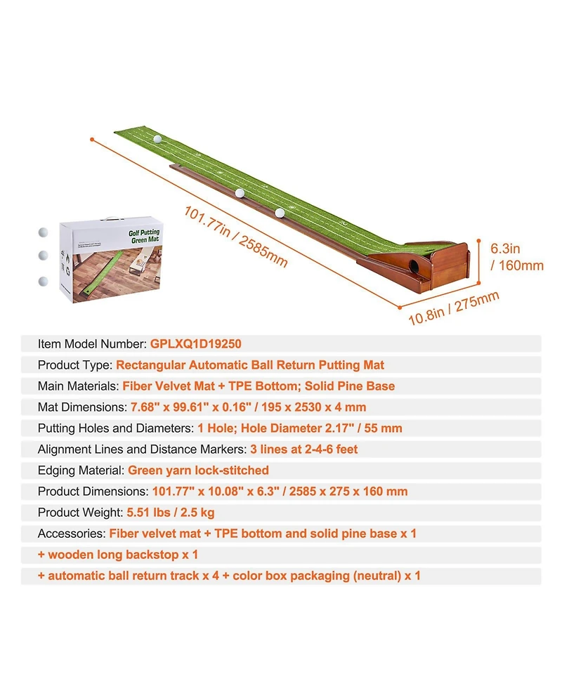 Sugift Golf Putting Mat Indoor 1-Hole Green with Ball Return and Wood Base