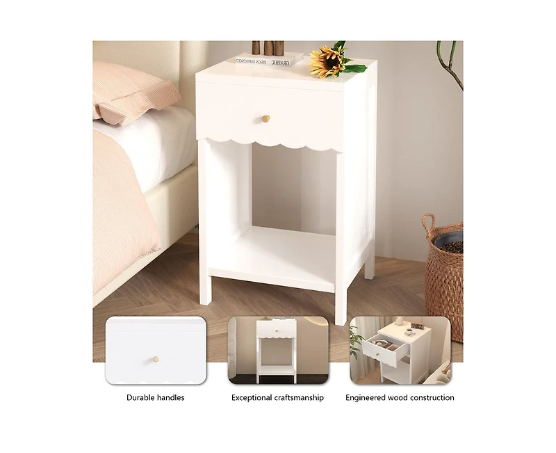 sumyeg Minimalist Scalloped Edge Nightstand with Drawer and Open Shelf in White
