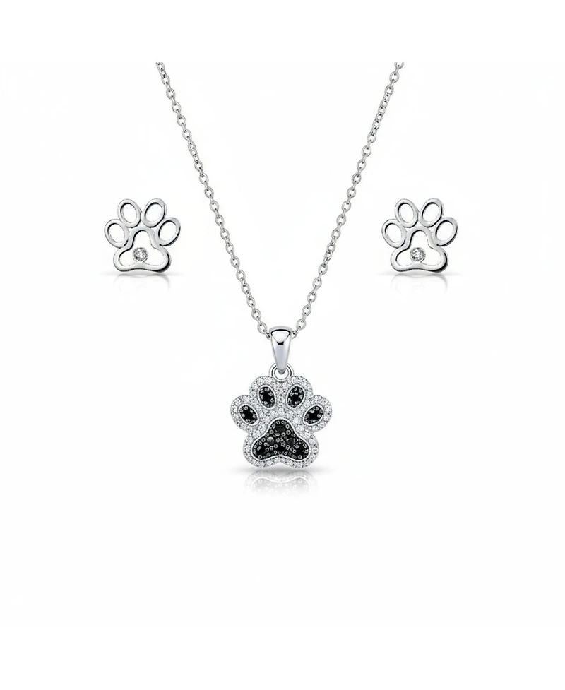 Bling Jewelry Bff Pet Paw Black White Cz Pendant Necklace & Cut-Out Open Stud Earrings Cubic Zirconia Jewelry Set Sterling Silver
