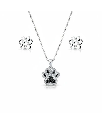 Bling Jewelry Bff Pet Paw Black White Cz Pendant Necklace & Cut-Out Open Stud Earrings Cubic Zirconia Jewelry Set Sterling Silver
