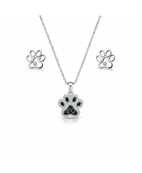 Bling Jewelry Bff Pet Paw Black White Cz Pendant Necklace & Cut-Out Open Stud Earrings Cubic Zirconia Jewelry Set Sterling Silver
