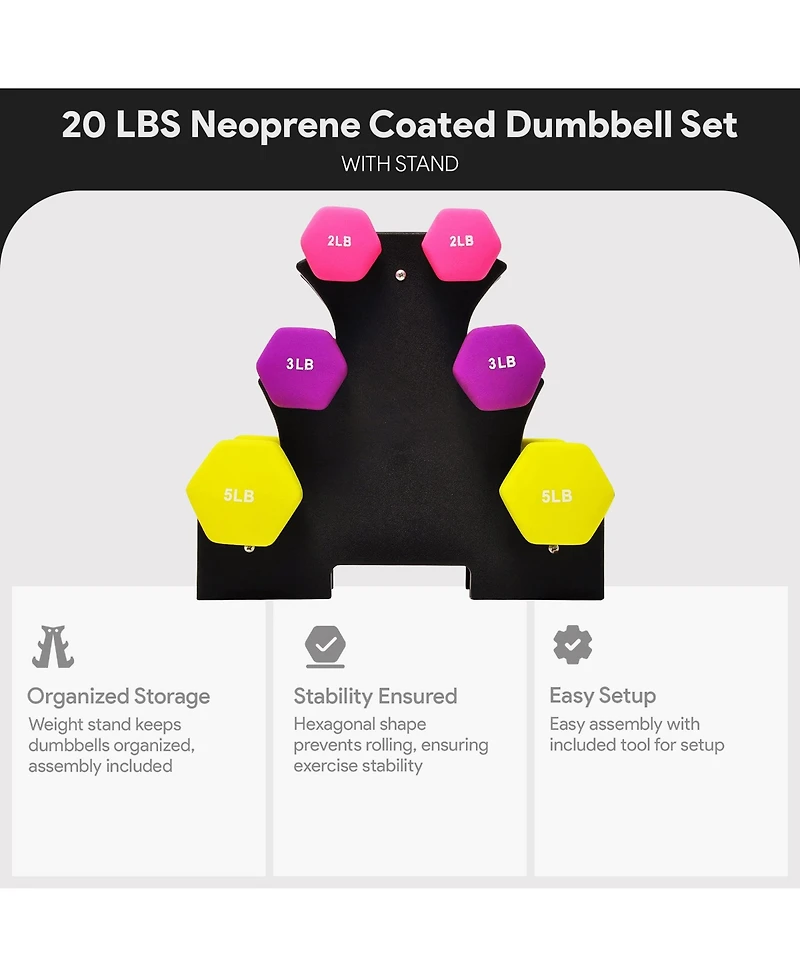 BalanceFrom Neoprene Dumbbell Set with Rack, Nonslip Coated Weights for Women and Men, Strength Training, Multiple Sizes and Colors