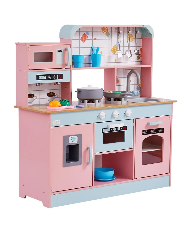Mecale Wooden Play Kitchen for Kids, Toy Kitchen Set with Lights, Sounds, Ice Maker, Oven, Sink, Microwave, Fridge & Utensils, White