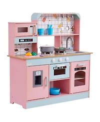 Mecale Wooden Play Kitchen for Kids, Toy Kitchen Set with Lights, Sounds, Ice Maker, Oven, Sink, Microwave, Fridge & Utensils, White