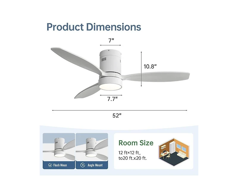 Sofucor 52-inch Classic White 3-Blade Flush Mount Light Ceiling Fan with Remote Control and Supporting Mobile Device Connection