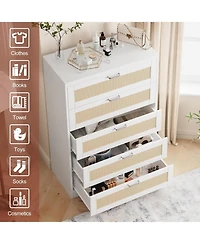 Gaomon Tall Rattan Dresser with 5 Drawers,Wooden Spacious Storage Chest of Drawers