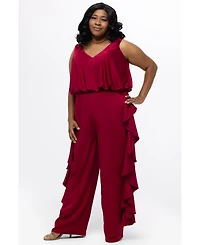 Celebrations by Sydney's Closet Women's V-Neck Stretch Satin Jumpsuit with Ruffles