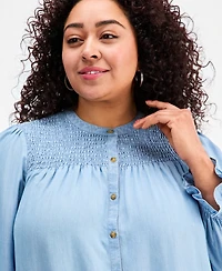 Style & Co Plus Smocked-Yoke Cotton Chambray Blouse, Macy's Exclusive